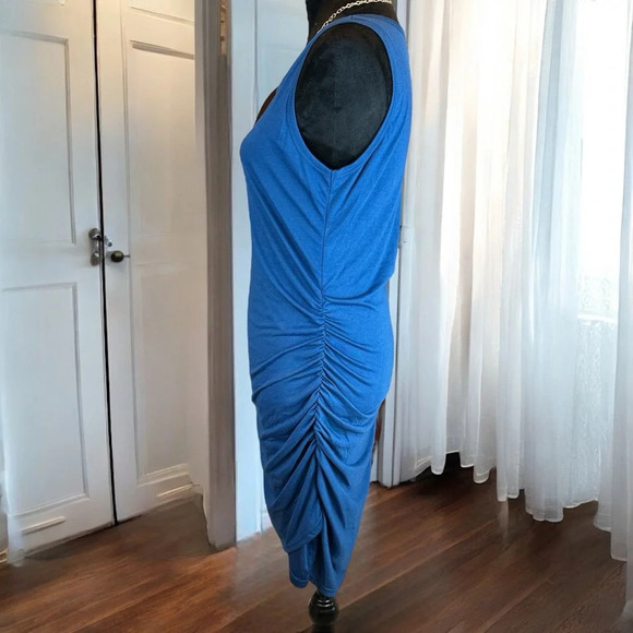 Sleeveless Ruched Bodycon Dress Blue Casual Party Cocktail Club Midi - Picture 4 of 6